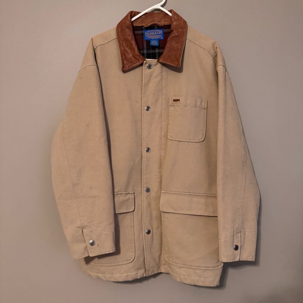 VTG Pendleton Tan Canvas Blanket Wool Lined Coat Leather Collar Work Wear Men LG
